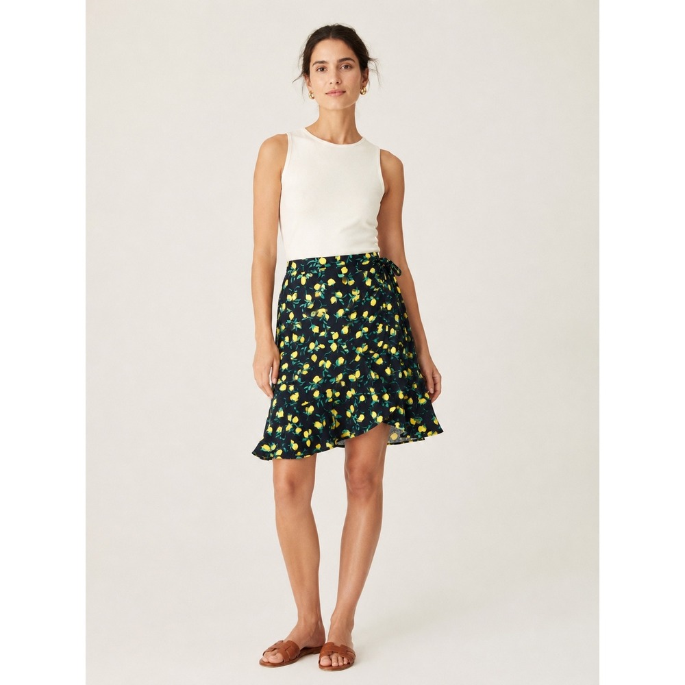 Banana Republic Lemon Print Faux Wrap Skirt 6 Cottagecore Navy‎ Blue Summer